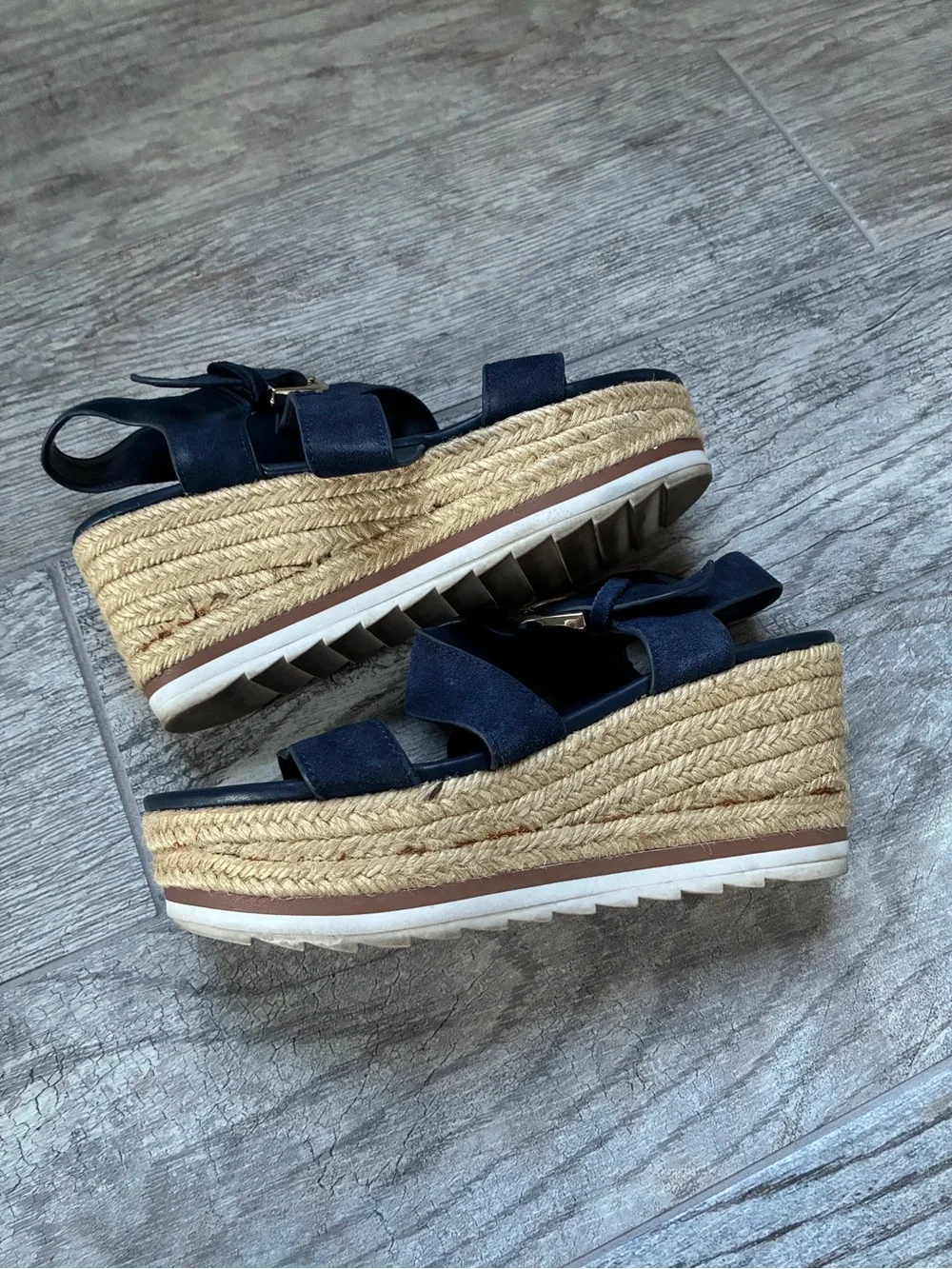 Marc Fisher Navy Suede Espadrille Wedge Sandals with Buckle